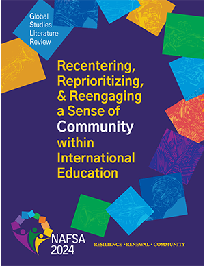 purple background with colorful squares on the periphery, with the words "Recentering, Reprioritizing, and Reengaging a Sense of Community in International Education" in the center