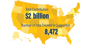 Infographic with Yellow Map of the U.S. showing $2billion and 8,472 jobs