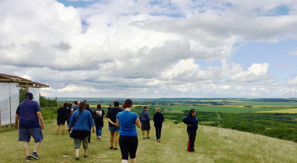 A group of students walks across a green hill.