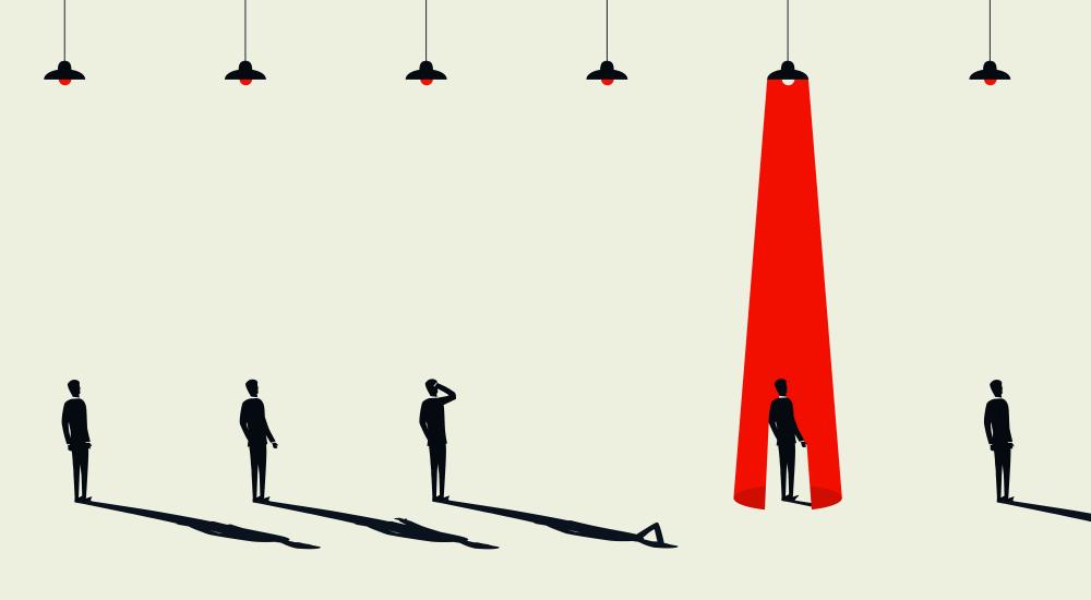 illustration of five figures, one with red spotlight on them