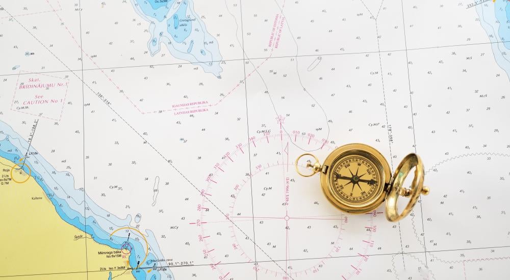 Photo of a compass on a map