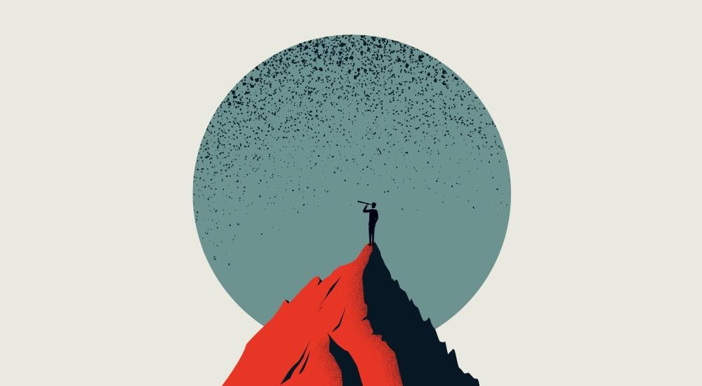 Illustration of a person standing on top of a red mountain with a large moon in the background