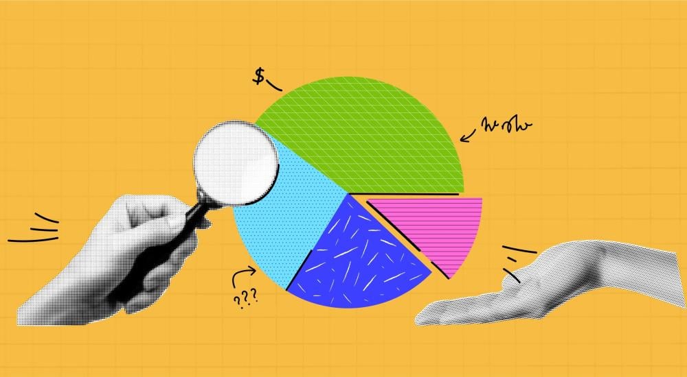 Illustration collage of hands and a pie chart