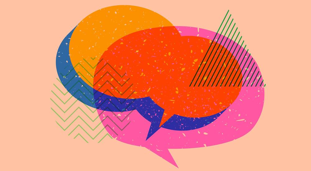 collage -style illustration of overlapping speech bubbles