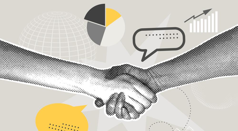 collage-style illustration of people shaking hands