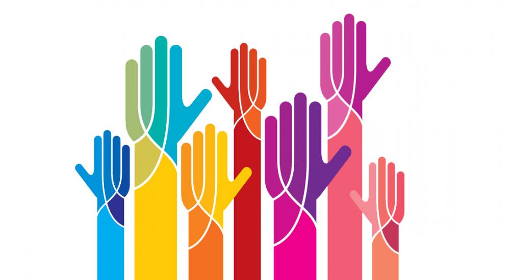 Illustration of different colored hands reaching up