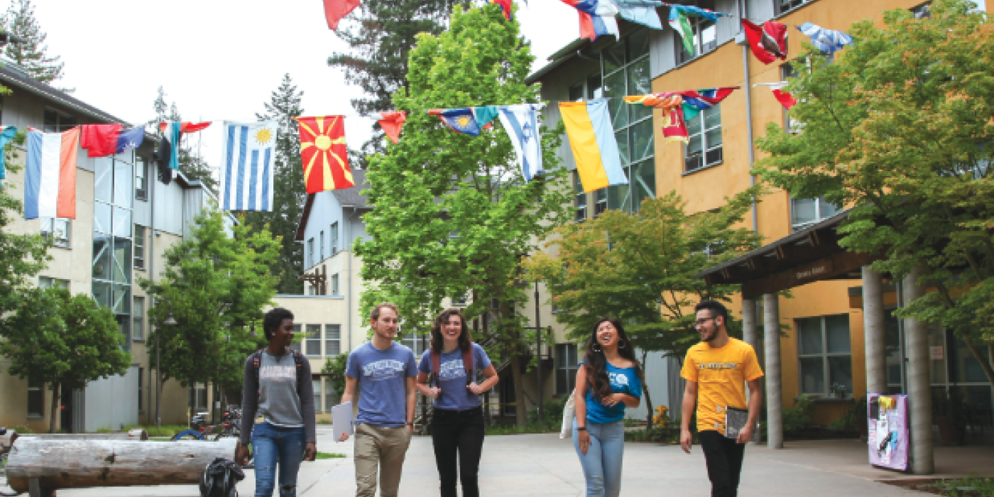 Students walking through the College Nine residence hall at UCSC