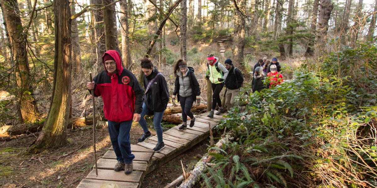 Students hiking through the woods