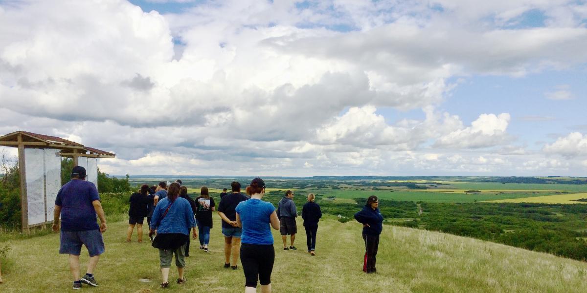 A group of students walks across a green hill.