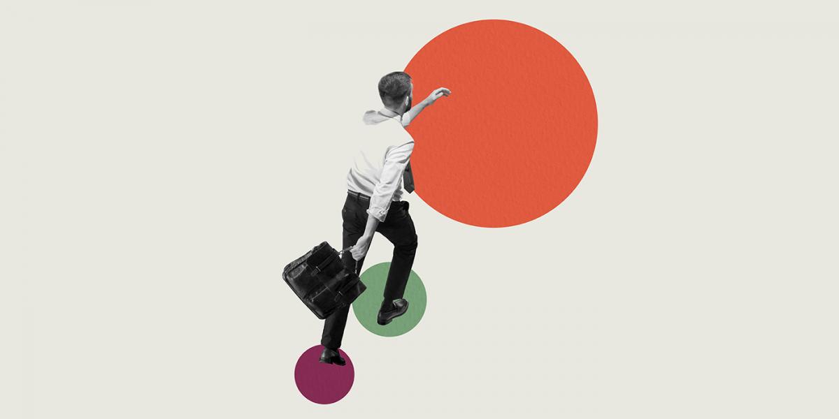 Collage of colored dots and a man with a briefcase