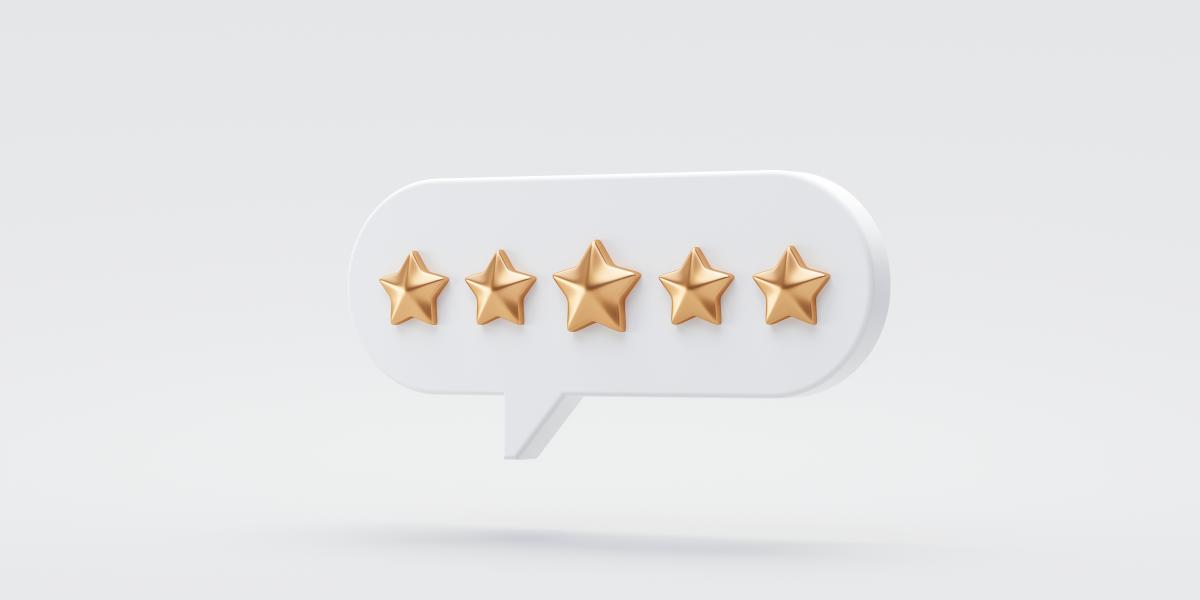 3D rendering of five gold star rating icon on plain background with shadow