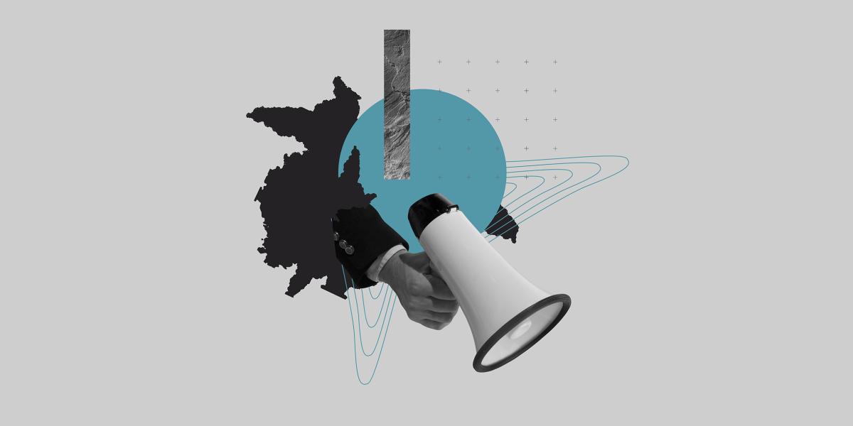 collage style image of hand holding megaphone with geographical shapes