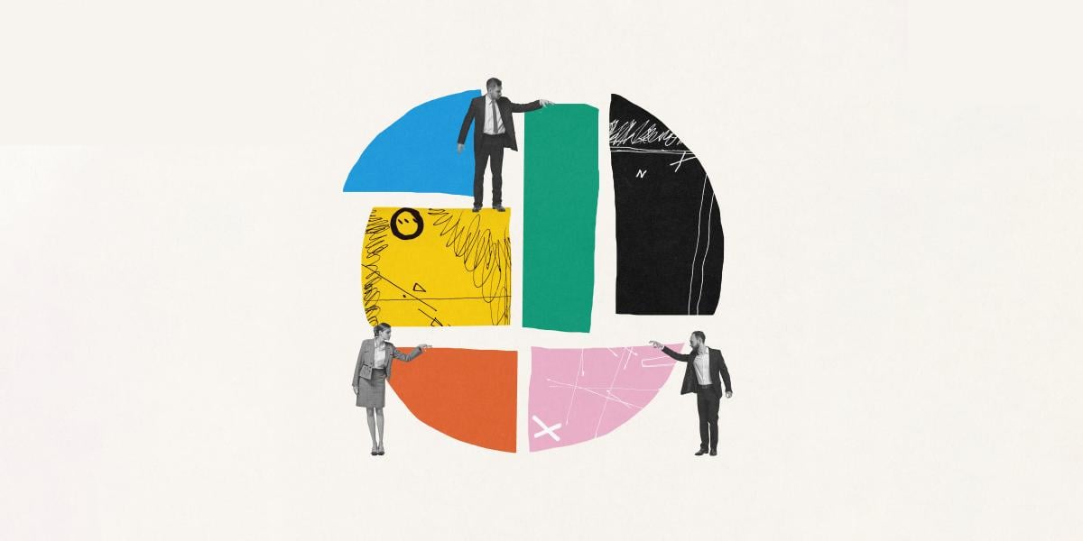 collage-style illustration of business people standing on pieces of circle-shaped graph