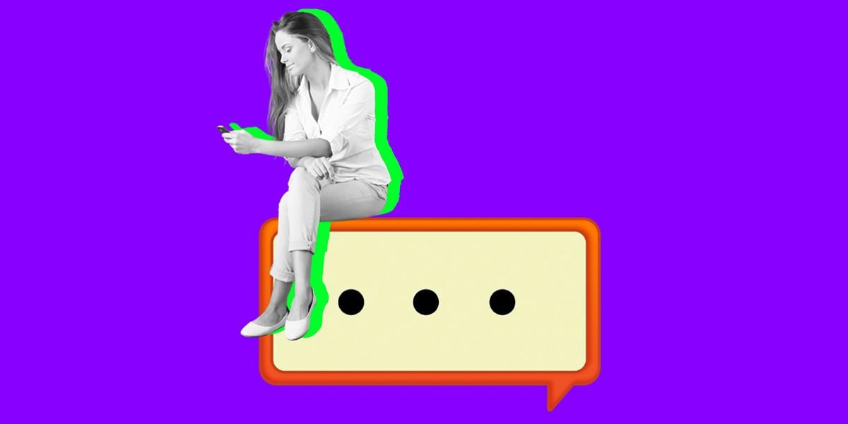 Illustration of a woman sitting on a chat bubble