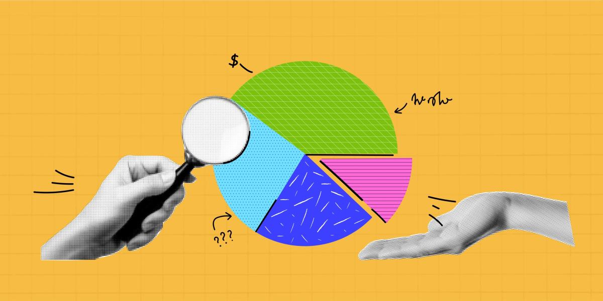 Illustration collage of hands and a pie chart