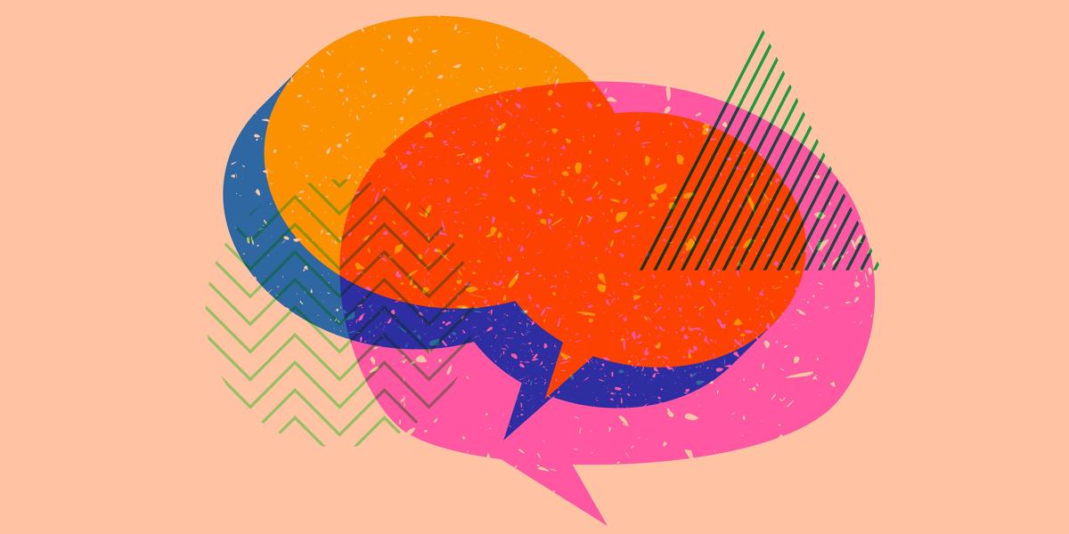 collage -style illustration of overlapping speech bubbles