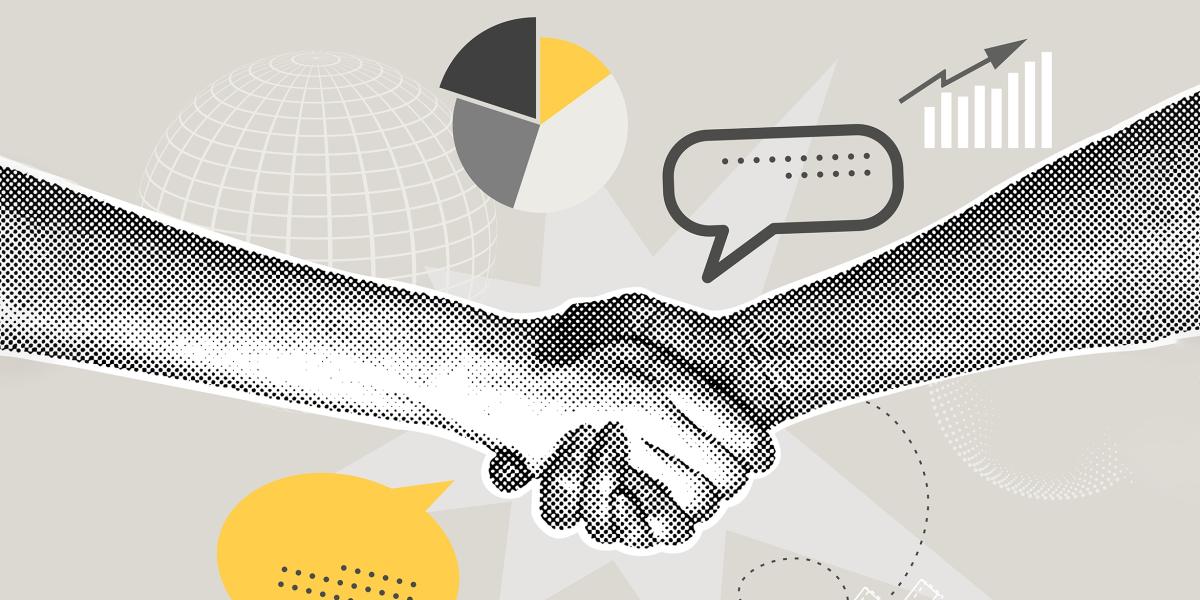 collage-style illustration of people shaking hands