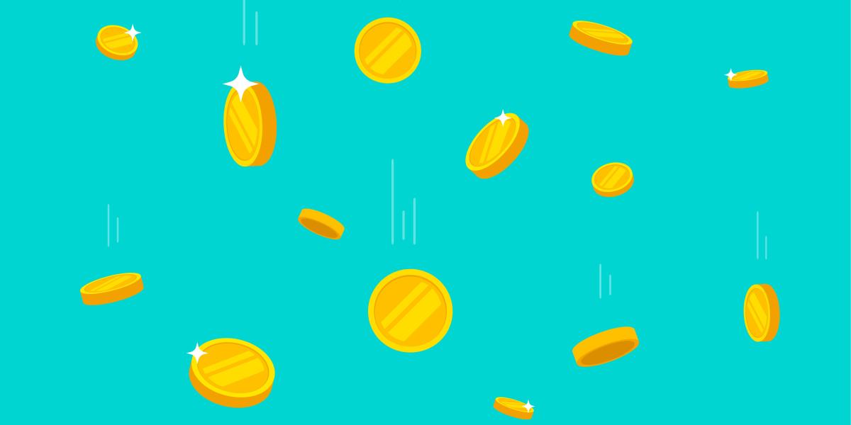 Illustration of coins falling against a blue background