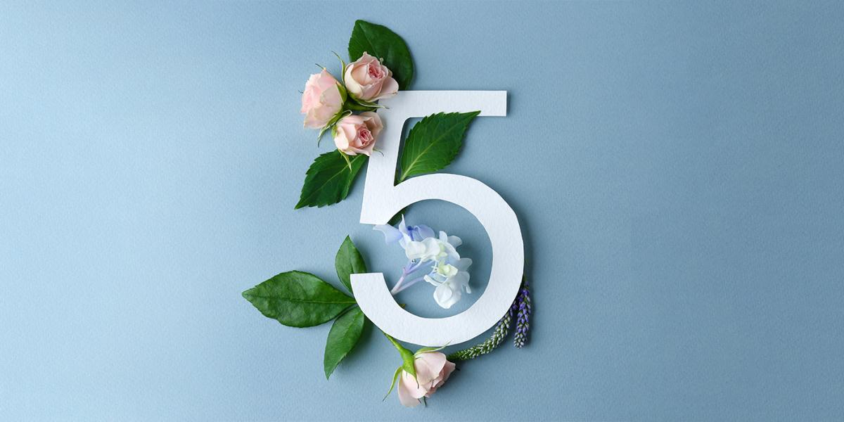 numeral five against blue background with florals