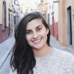 Woman with long brown hair, and wearing a grey top. The background is a cobblestone alleyway.