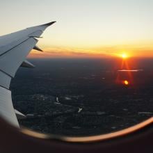 View of a sunset out of a plane window