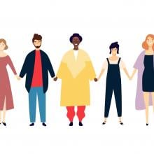 colorful illustration of people in line holding hands