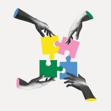 illustration of four hands putting puzzle pieces together