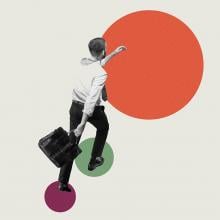 Collage of colored dots and a man with a briefcase