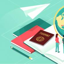 Illustration of a globe, paper airplane, books, and passport